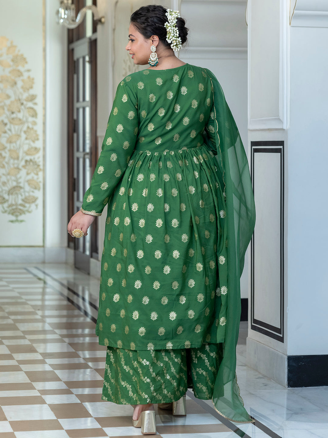 Green Brocade Woven Design Kurta with Palazzo and Dupatta  - By Janasya