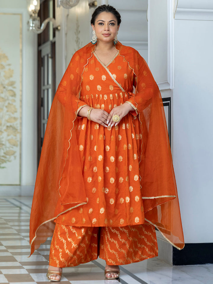 Orange Brocade Woven Design Kurta with Palazzo and Dupatta  - By Janasya