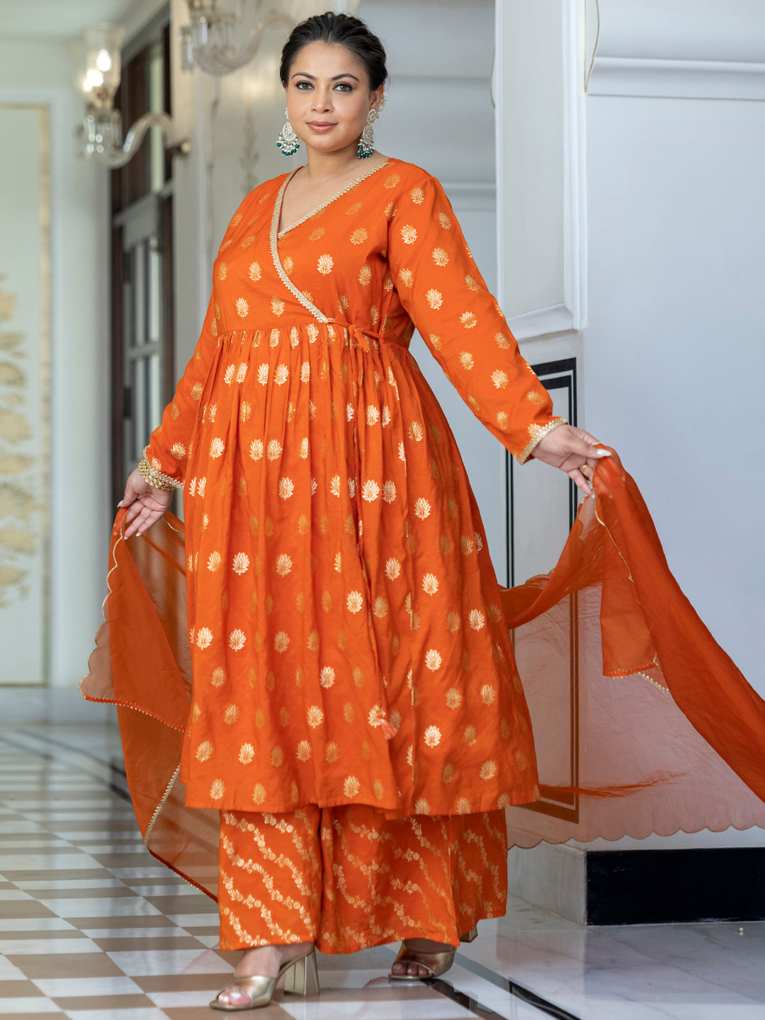 Orange Brocade Woven Design Kurta with Palazzo and Dupatta  - By Janasya