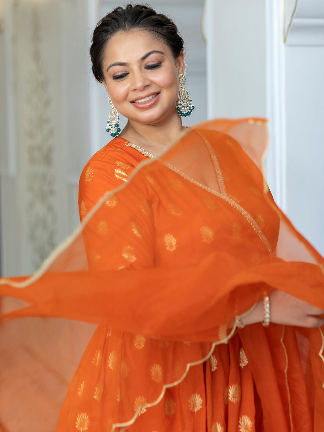 Orange Brocade Woven Design Kurta with Palazzo and Dupatta  - By Janasya