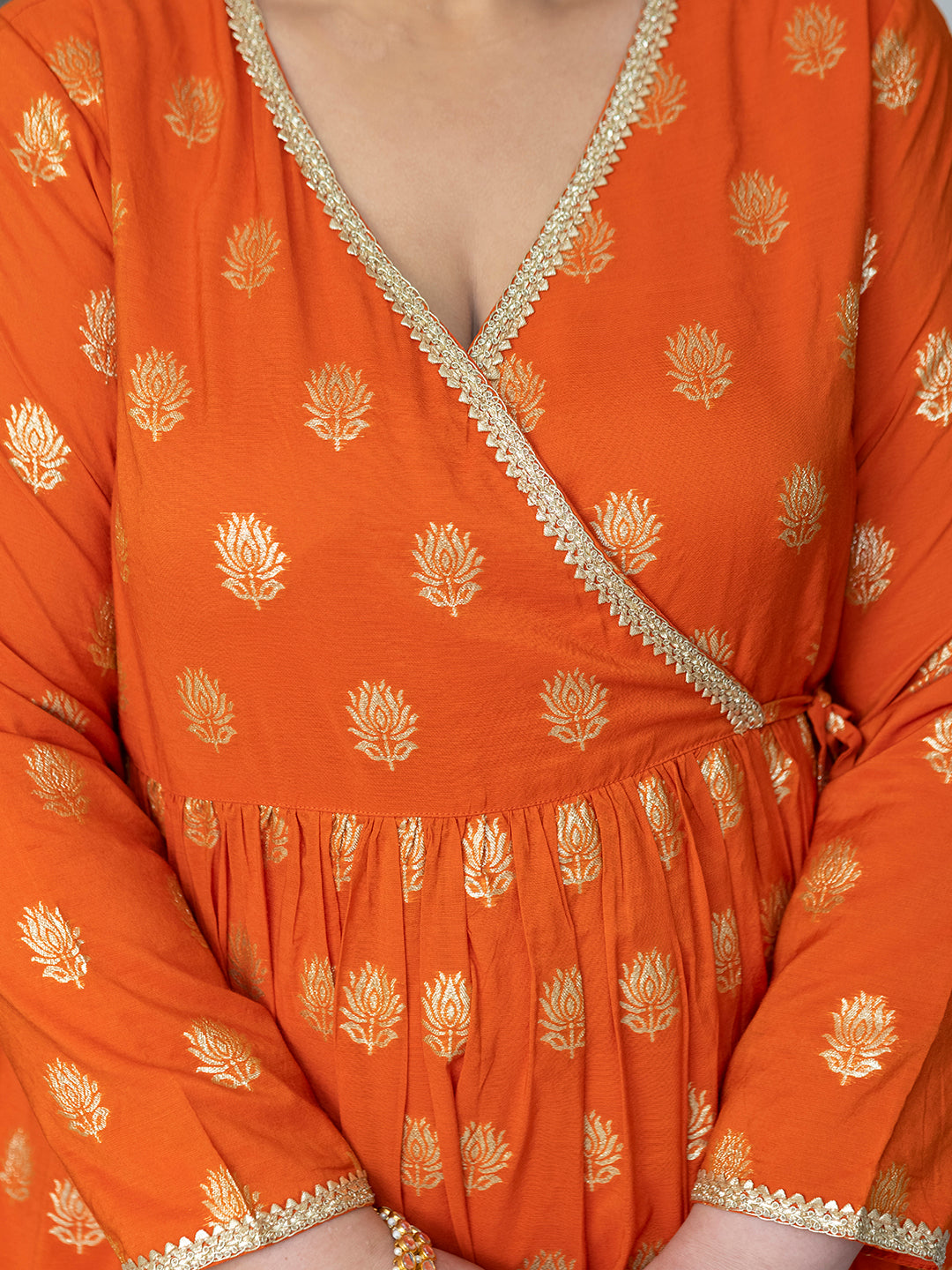 Orange Brocade Woven Design Kurta with Palazzo and Dupatta  - By Janasya