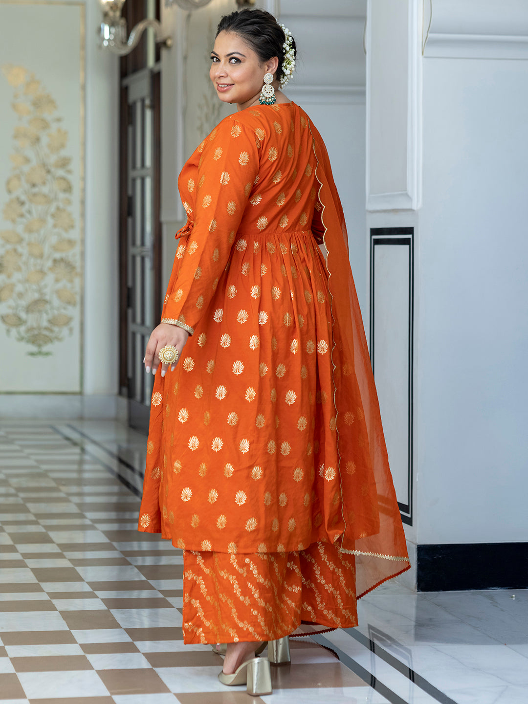 Orange Brocade Woven Design Kurta with Palazzo and Dupatta  - By Janasya