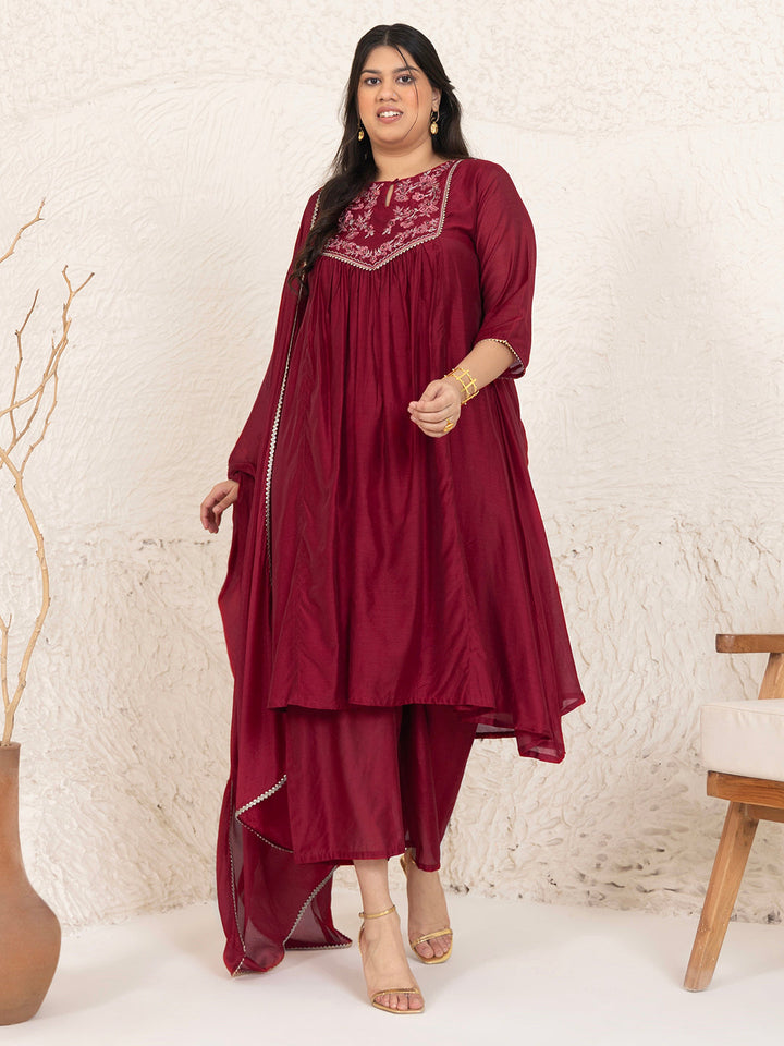 Plus Size Red Chanderi Embellished Kurta with Palazzo and Dupatta  - By Janasya