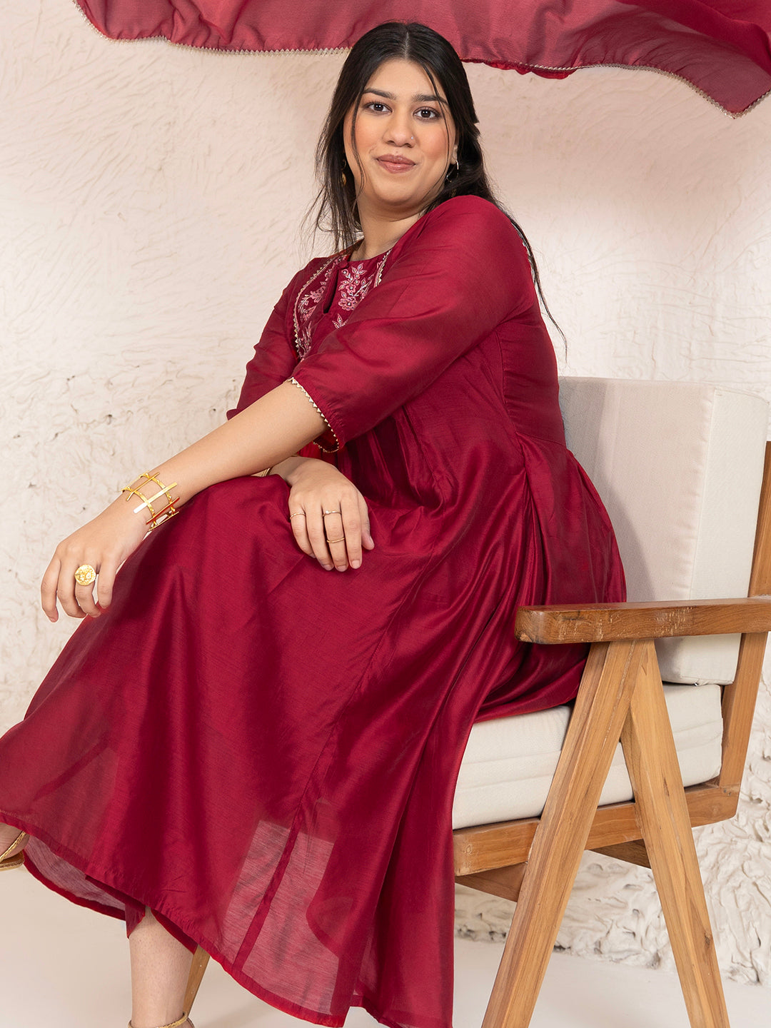 Plus Size Red Chanderi Embellished Kurta with Palazzo and Dupatta  - By Janasya