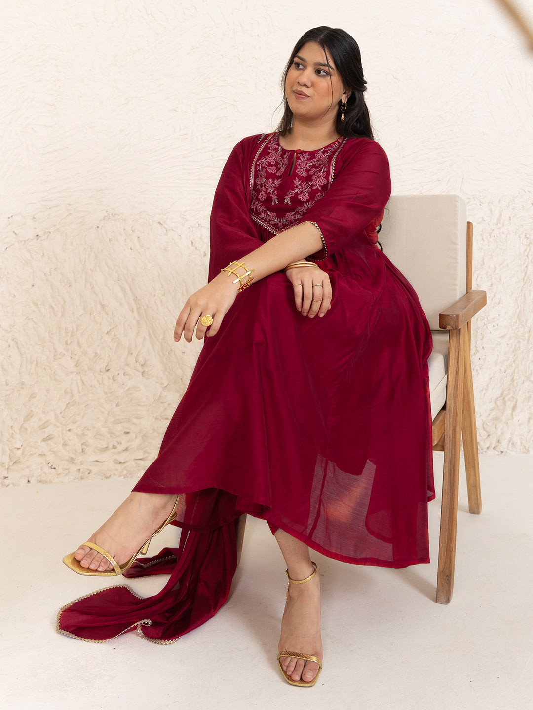 Plus Size Red Chanderi Embellished Kurta with Palazzo and Dupatta  - By Janasya