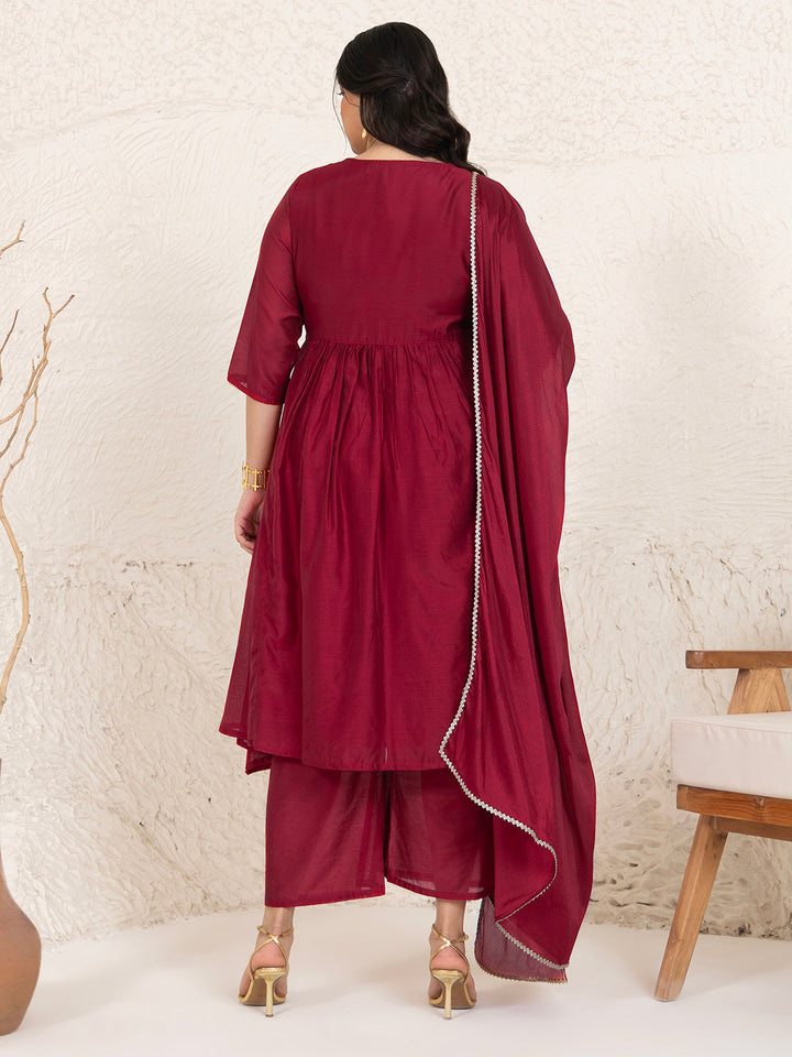 Plus Size Red Chanderi Embellished Kurta with Palazzo and Dupatta  - By Janasya