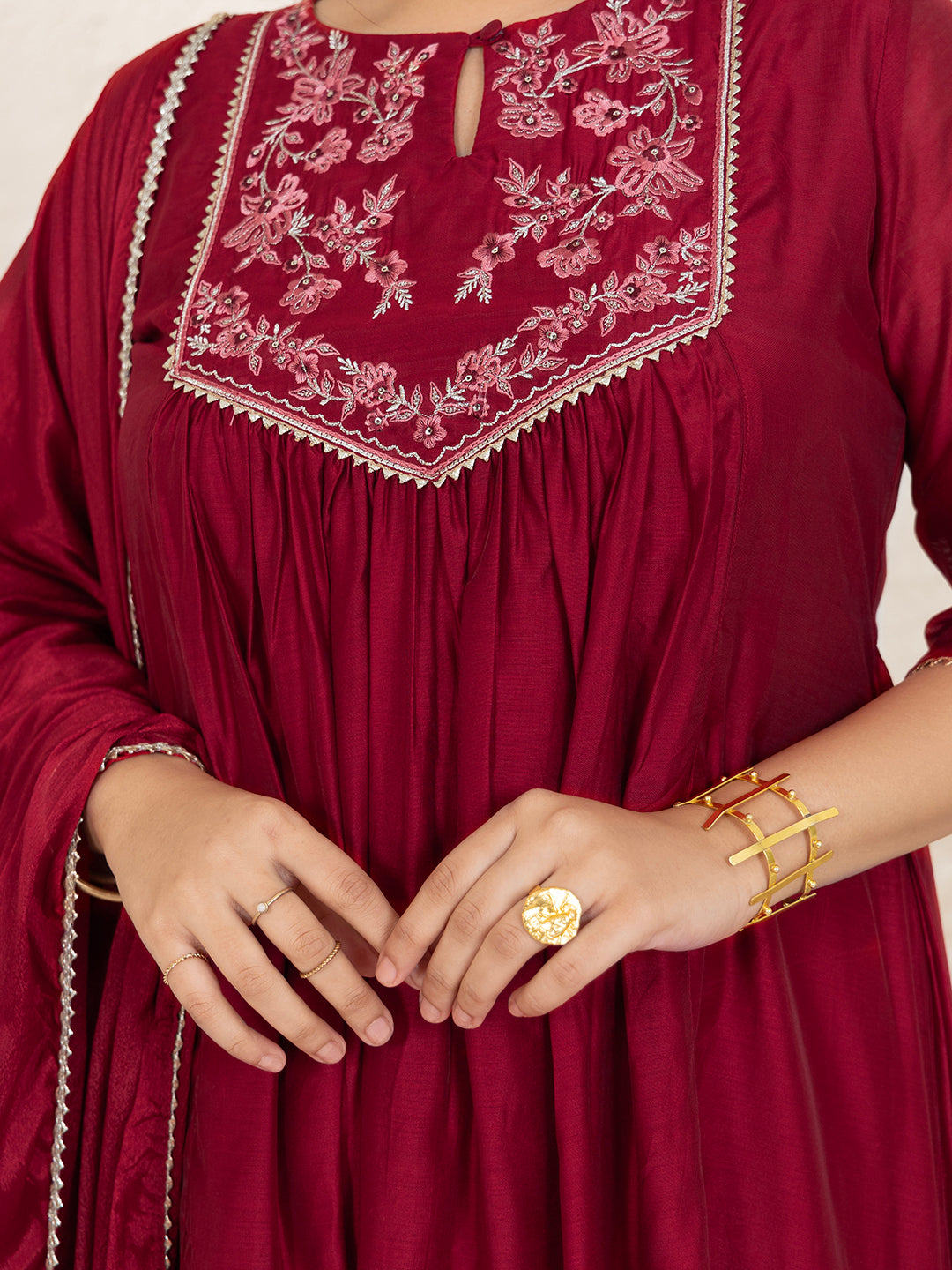 Plus Size Red Chanderi Embellished Kurta with Palazzo and Dupatta  - By Janasya