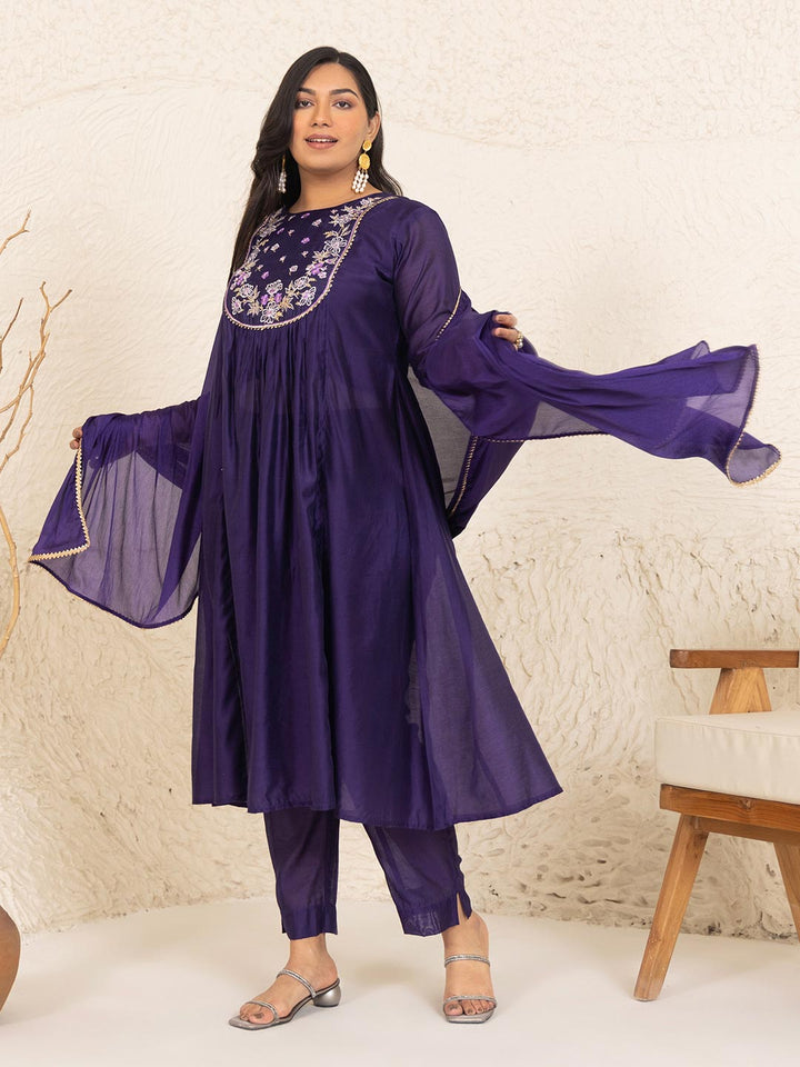 Plus Size Purple Chanderi Yoke Embroidery A-Line Kurta Set  - By Janasya