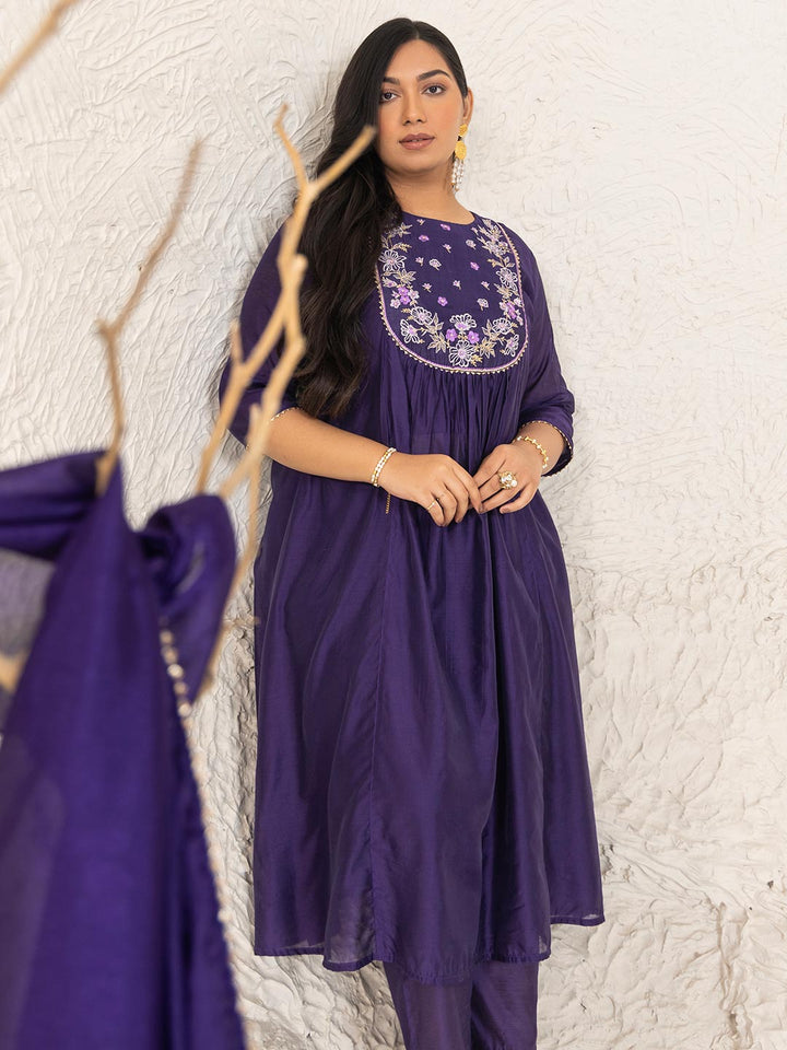 Plus Size Purple Chanderi Yoke Embroidery A-Line Kurta Set  - By Janasya