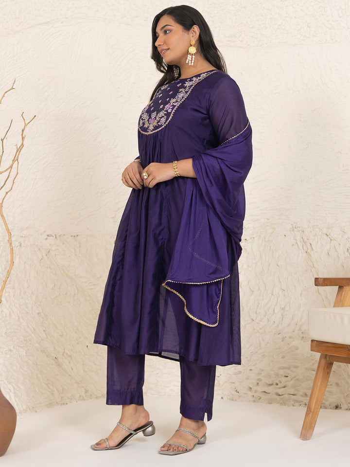 Plus Size Purple Chanderi Yoke Embroidery A-Line Kurta Set  - By Janasya