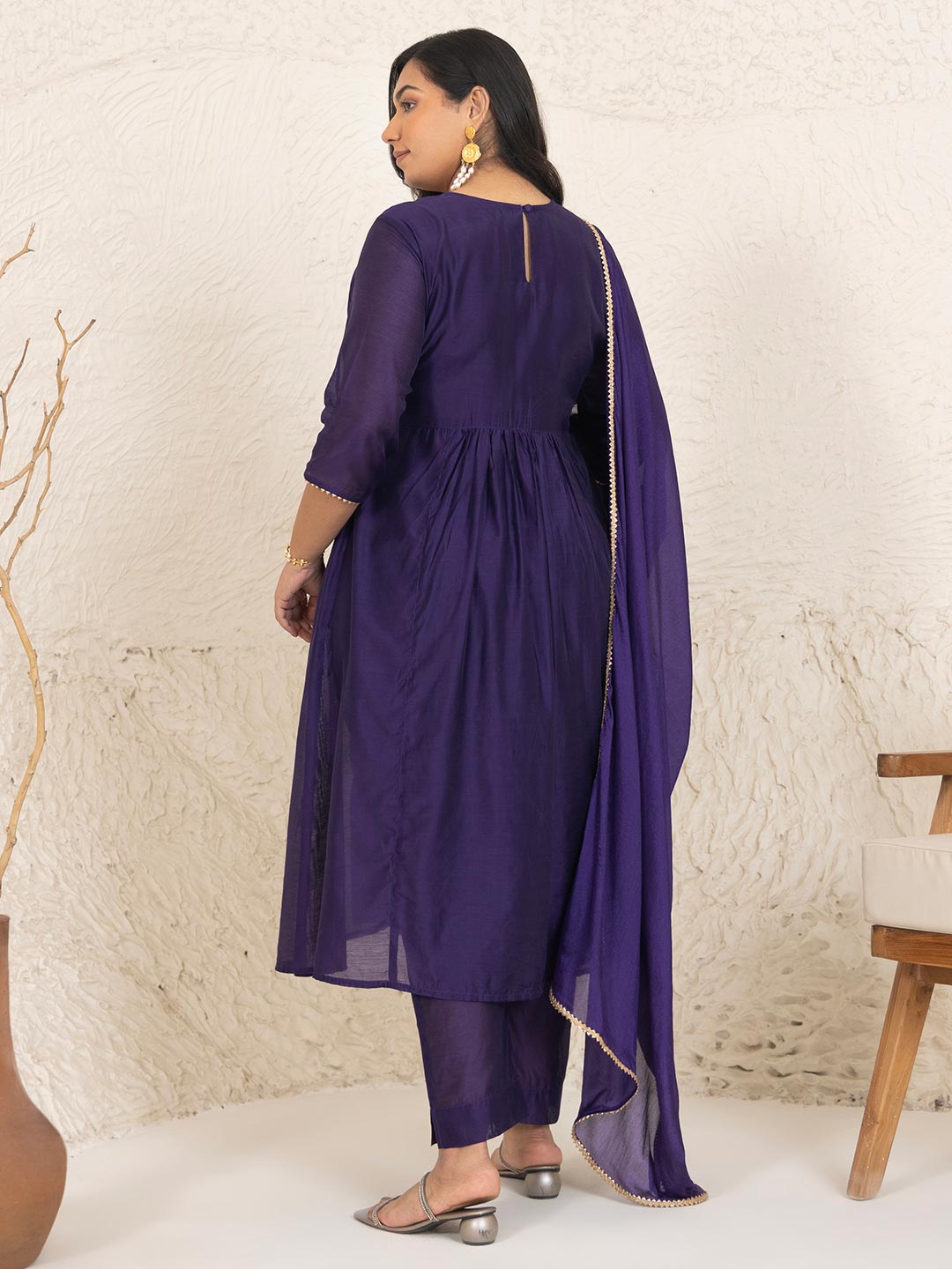 Plus Size Purple Chanderi Yoke Embroidery A-Line Kurta Set  - By Janasya