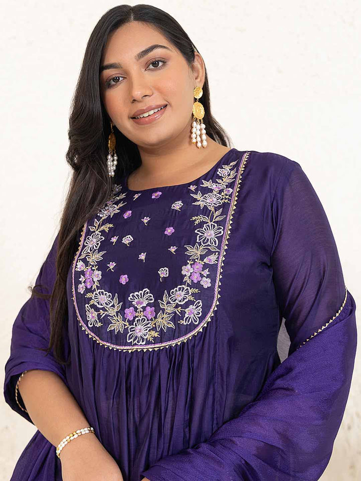 Plus Size Purple Chanderi Yoke Embroidery A-Line Kurta Set  - By Janasya