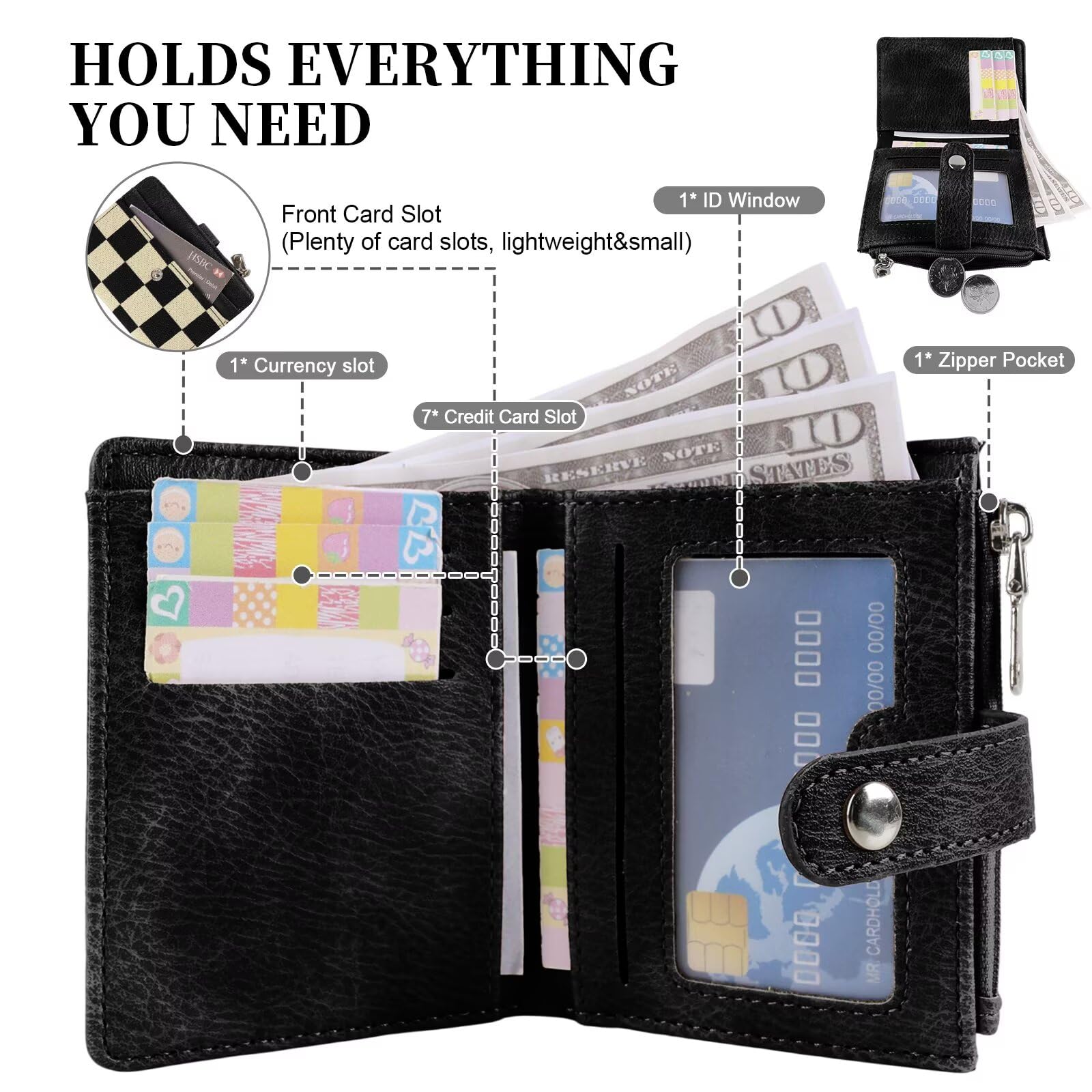 Ounamei RFID Blocking PU Leather Bifold Wallet | Compact Checkered Wallet with 8 Card Slots, ID Window & Coin Pocket