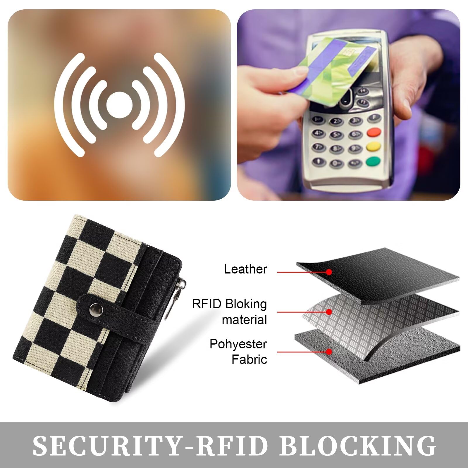 Ounamei RFID Blocking PU Leather Bifold Wallet | Compact Checkered Wallet with 8 Card Slots, ID Window & Coin Pocket