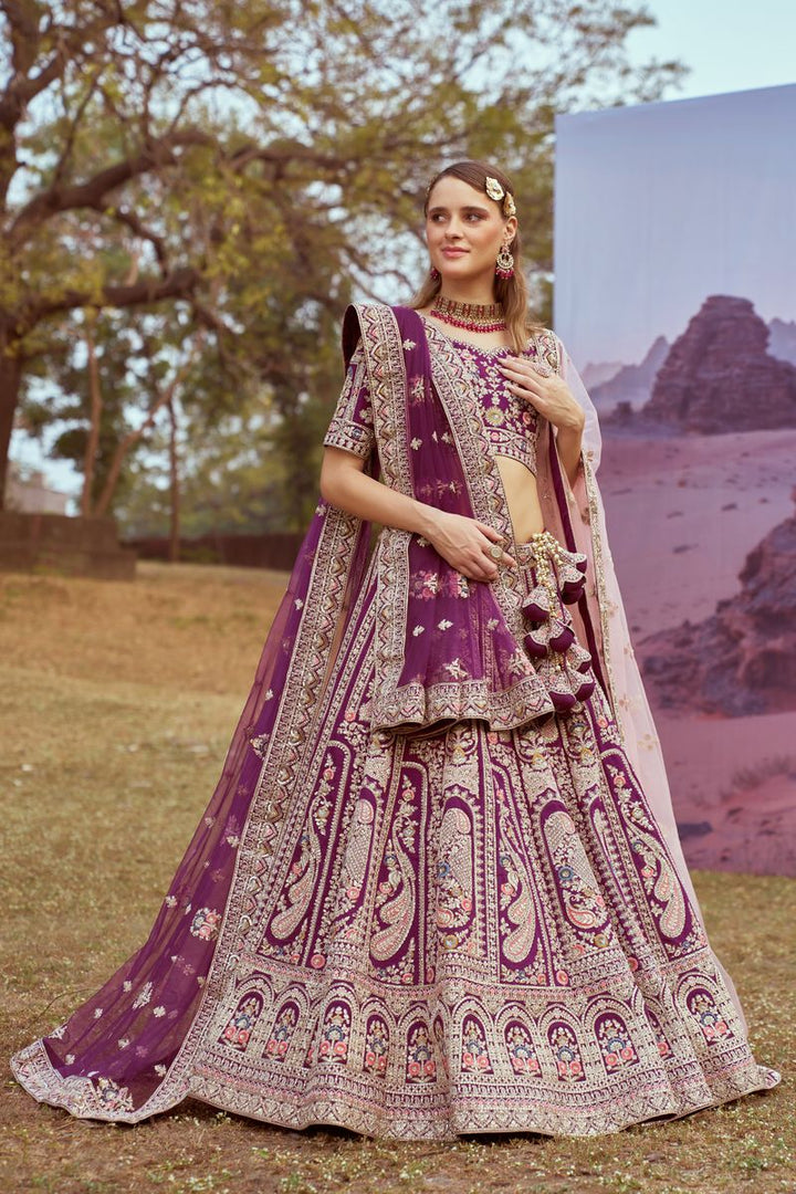 Purple Pure silk Moti, Coding embroidery Semi-Stitched Bridel Lehenga choli & Dupatta