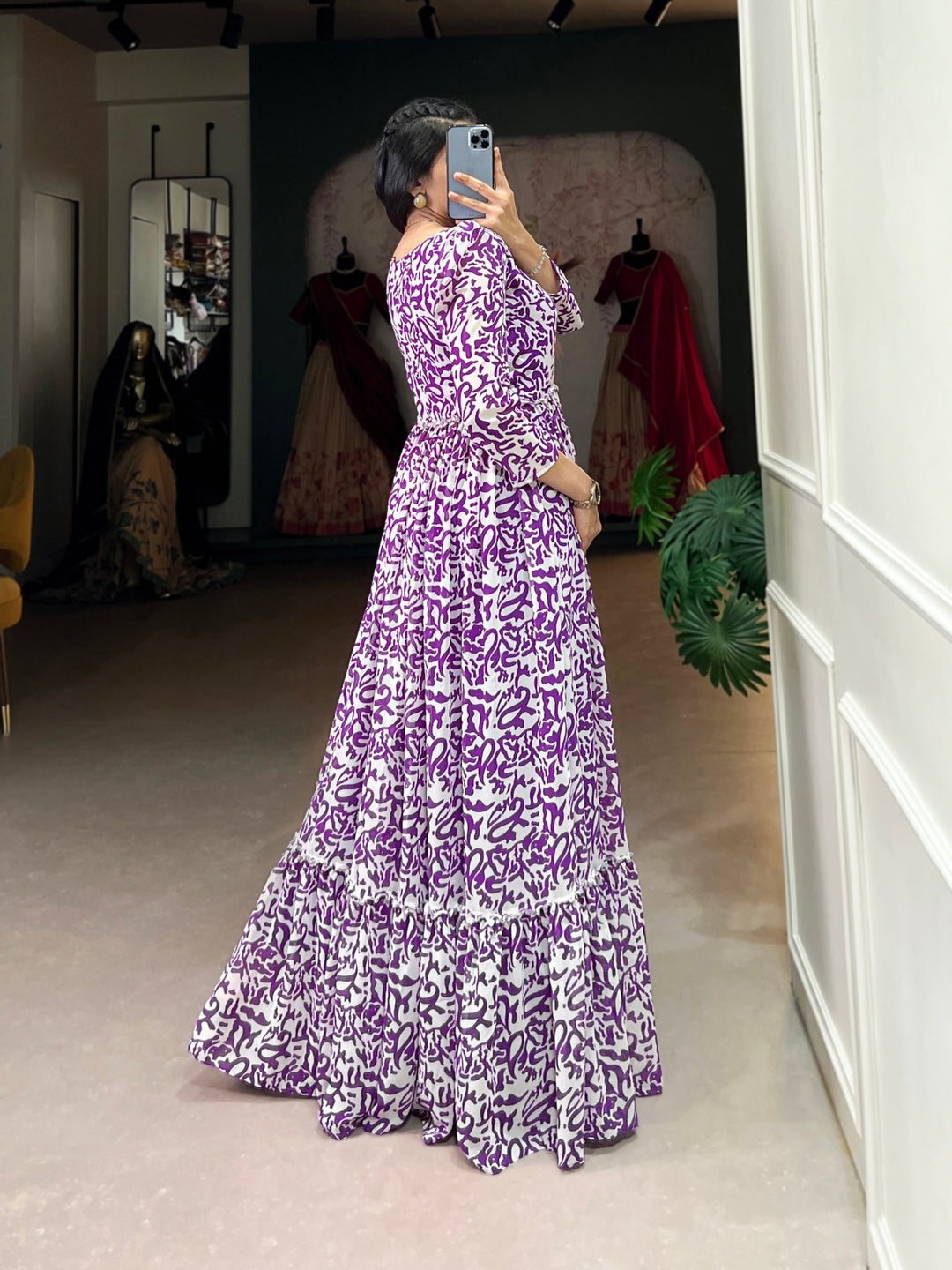 Purple Georgette flowy, and printed Gown