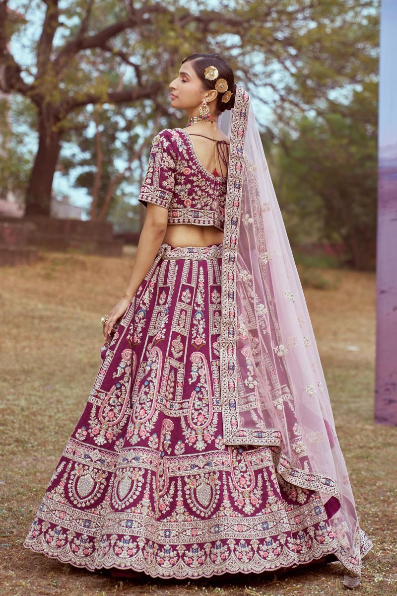 Purple Pure silk Moti, Coding embroidery Semi-Stitched Bridel Lehenga choli & Dupatta