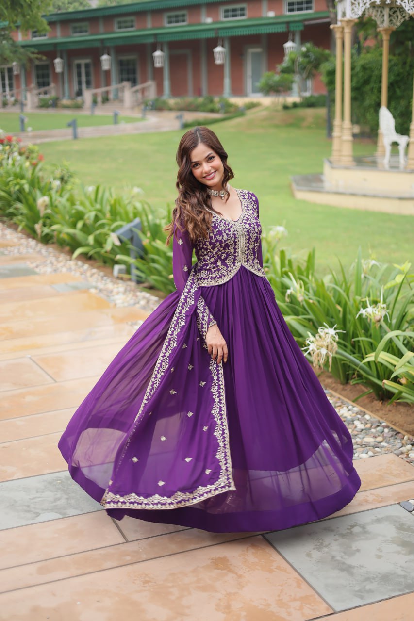 Purple  Faux Blooming With Sequins-Multi & Zari Embroidered Work