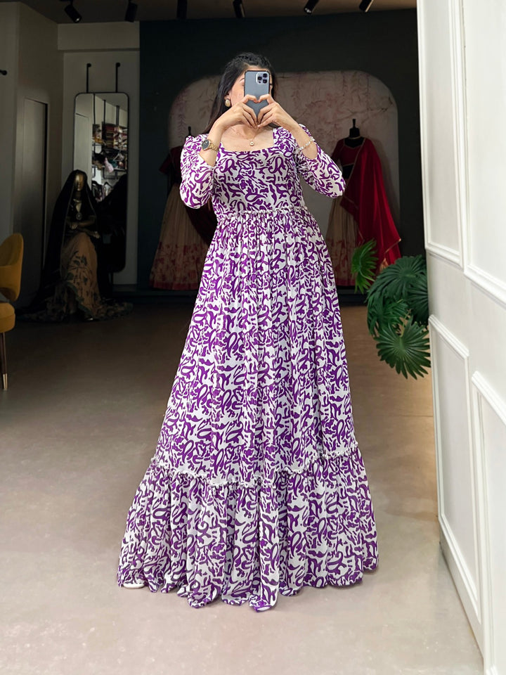 Purple Georgette flowy, and printed Gown