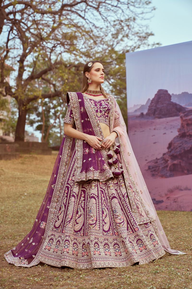 Purple Pure silk Moti, Coding embroidery Semi-Stitched Bridel Lehenga choli & Dupatta