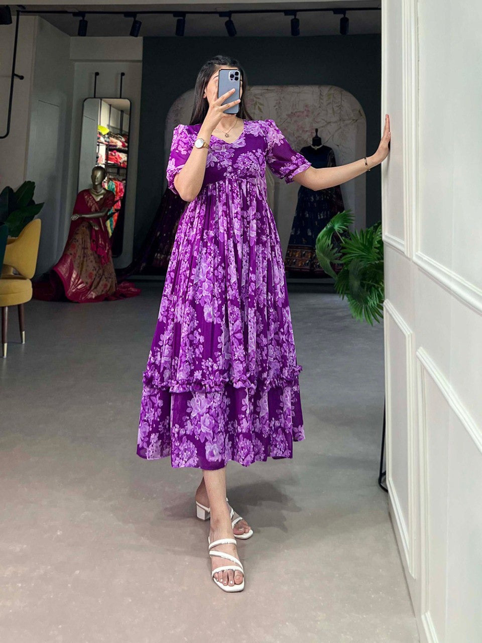 Purple Georgette Floral Print Frock