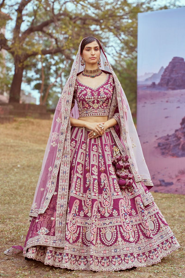 Purple Pure silk Moti, Coding embroidery Semi-Stitched Bridel Lehenga choli & Dupatta