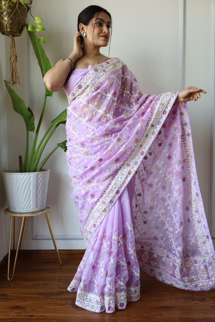 Heavy Butterfly Net Beautiful Mallty Colour Aari Embroidery Work Saree In Purple Color