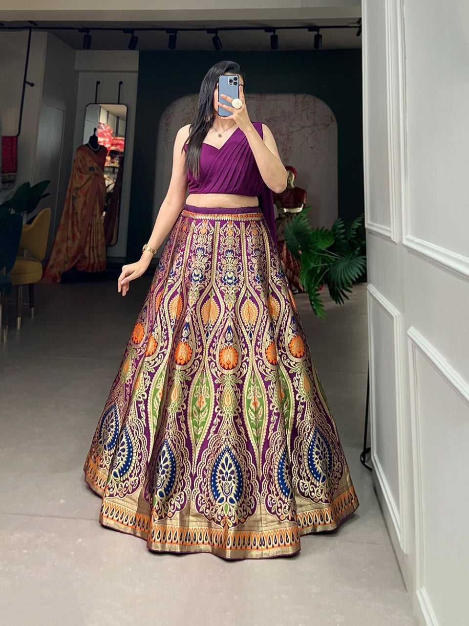  Traditional Indian purple Banarasi silk lehenga with Zari weaving 