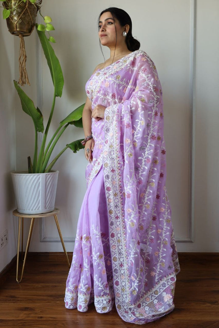 Heavy Butterfly Net Beautiful Mallty Colour Aari Embroidery Work Saree In Purple Color