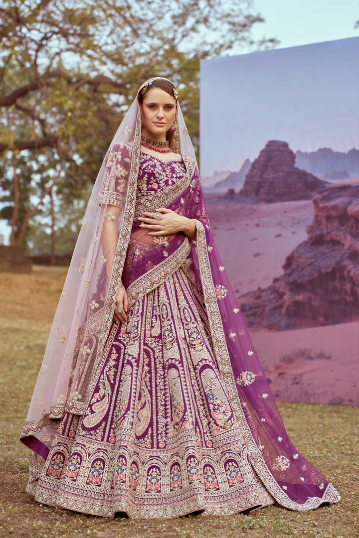 Purple Pure silk Moti, Coding embroidery Semi-Stitched Bridel Lehenga choli & Dupatta