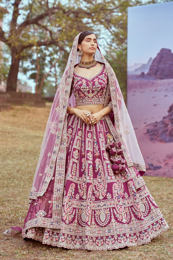 Purple Pure silk Moti, Coding embroidery Semi-Stitched Bridel Lehenga choli & Dupatta