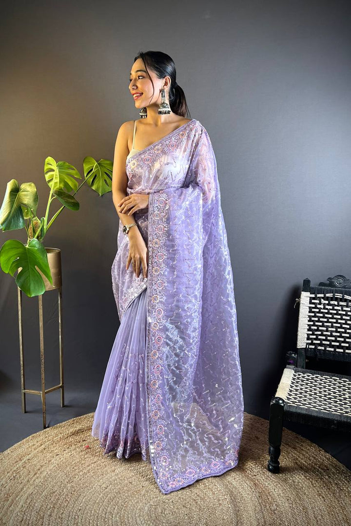 Purple Heavy Twill Net Designer Thread & Sequence Embroidery Work Saree