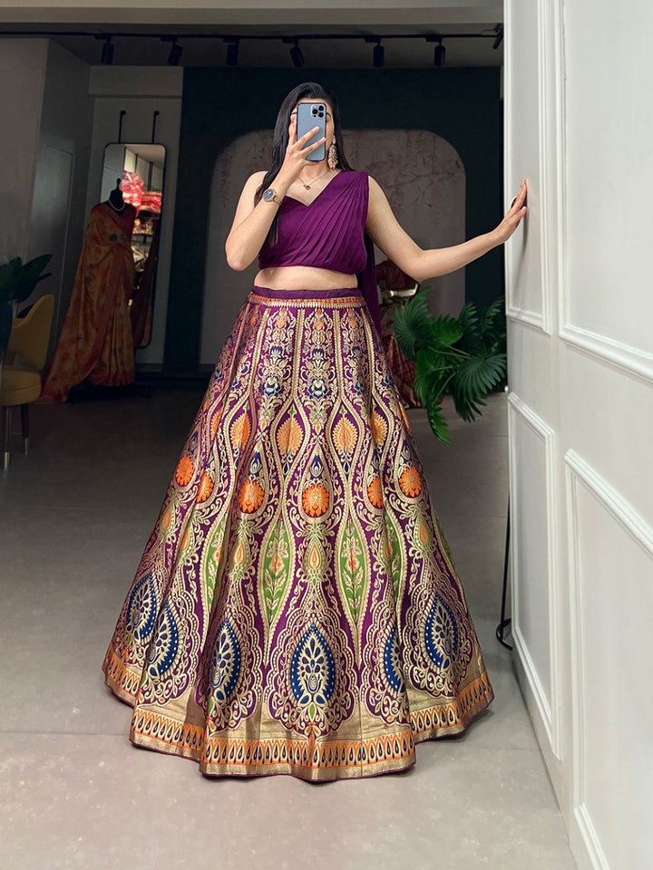 Purple Banarasi silk Zari Weaving Work Stitched With Canvas and Can Can Lehenga 