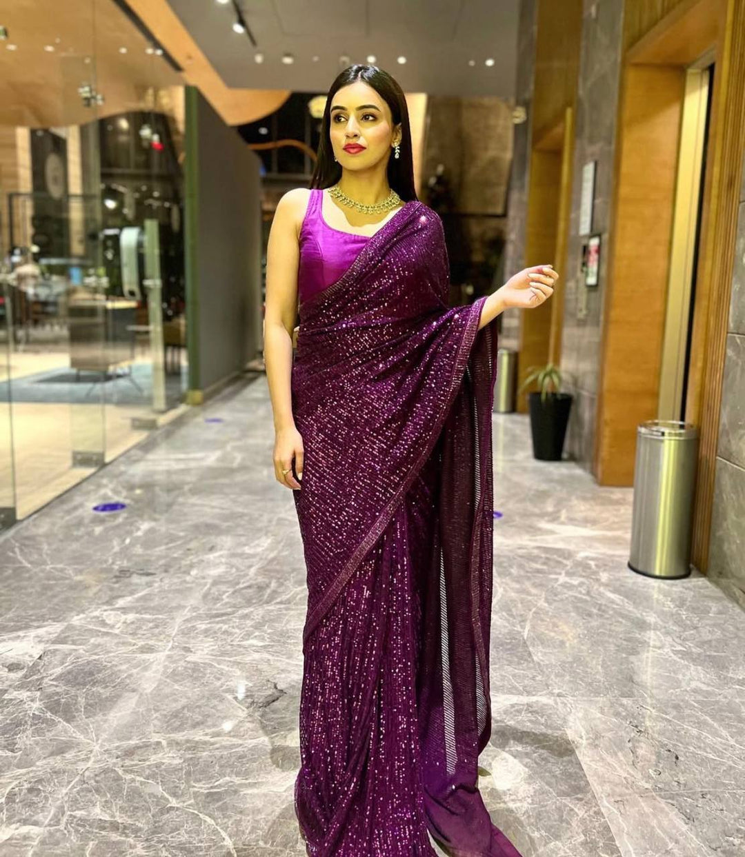 Purple Georgette Sequins Saree with Dori Border