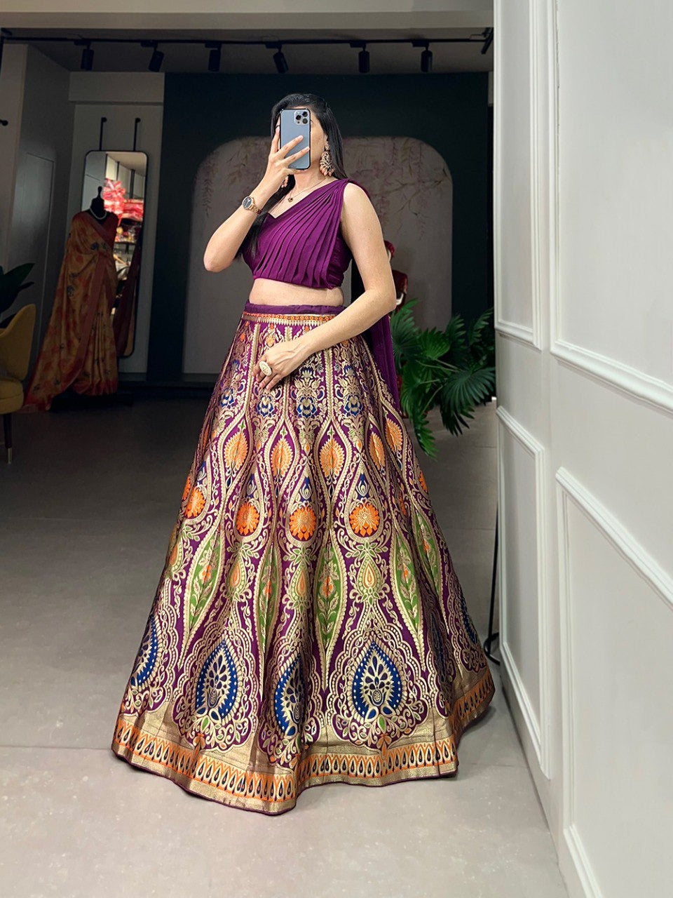  Elegant purple lehenga with intricate Zari work and Can Can 