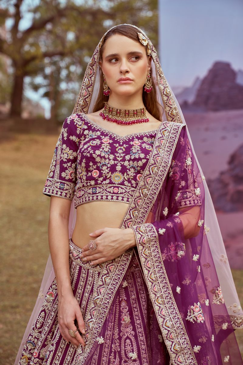 Purple Pure silk Moti, Coding embroidery Semi-Stitched Bridel Lehenga choli & Dupatta