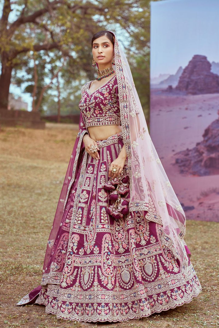 Purple Pure silk Moti, Coding embroidery Semi-Stitched Bridel Lehenga choli & Dupatta