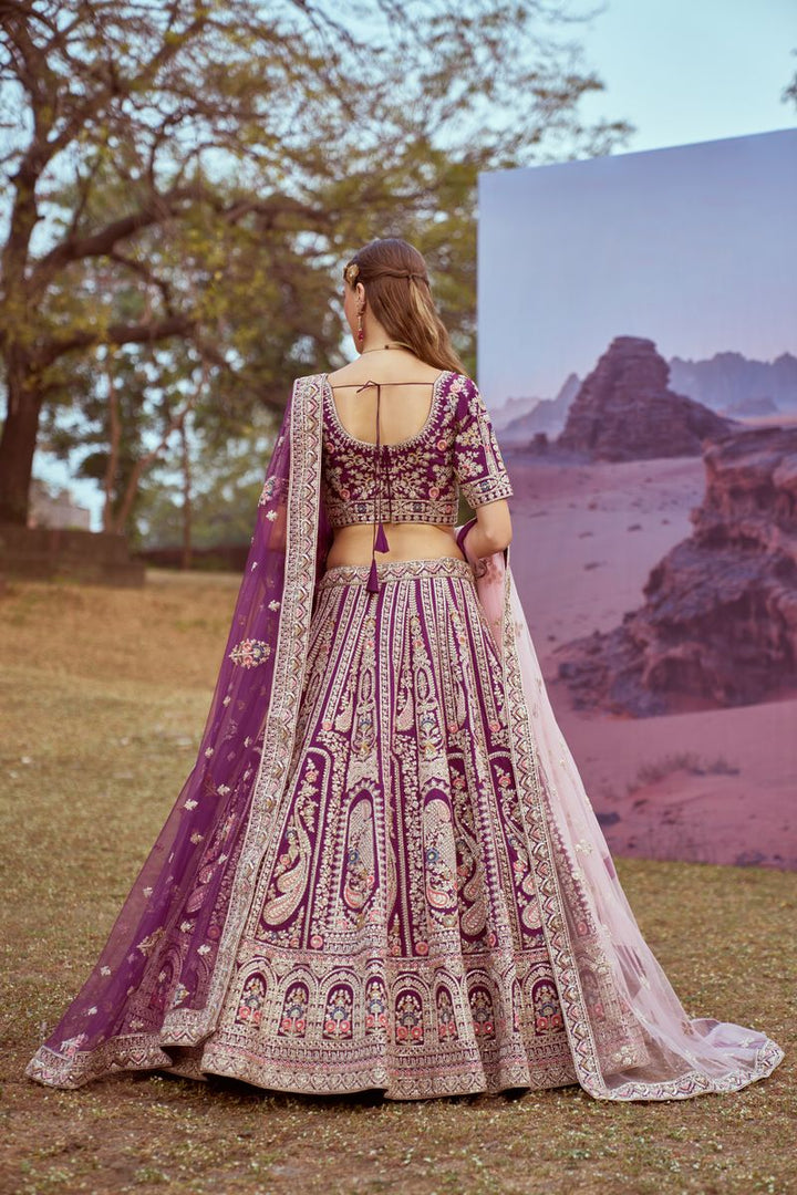 Purple Pure silk Moti, Coding embroidery Semi-Stitched Bridel Lehenga choli & Dupatta