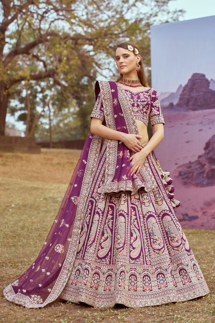 Purple Pure silk Moti, Coding embroidery Semi-Stitched Bridel Lehenga choli & Dupatta