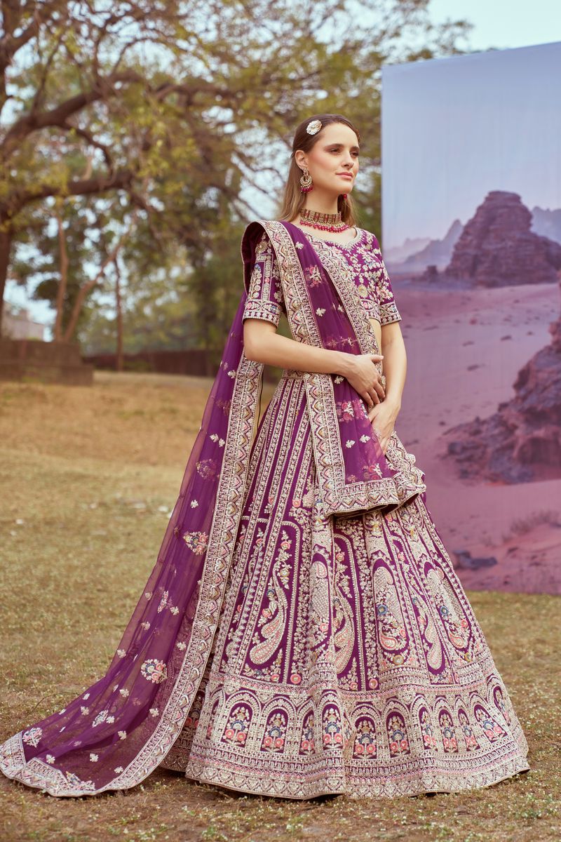 Purple Pure silk Moti, Coding embroidery Semi-Stitched Bridel Lehenga choli & Dupatta