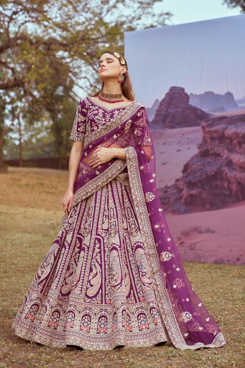 Purple Pure silk Moti, Coding embroidery Semi-Stitched Bridel Lehenga choli & Dupatta