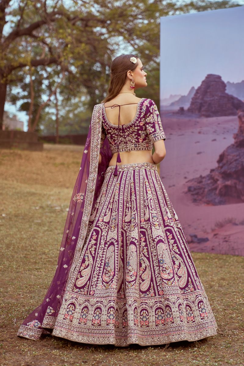 Purple Pure silk Moti, Coding embroidery Semi-Stitched Bridel Lehenga choli & Dupatta