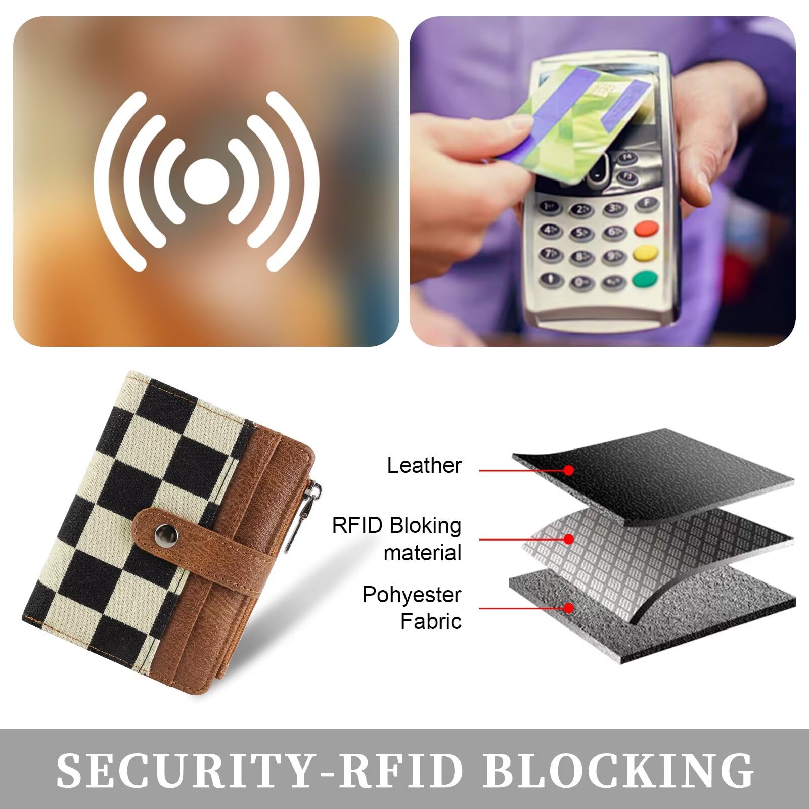 Ounamei RFID Blocking PU Leather Bifold Wallet | Compact Checkered Wallet with 8 Card Slots, ID Window & Coin Pocket