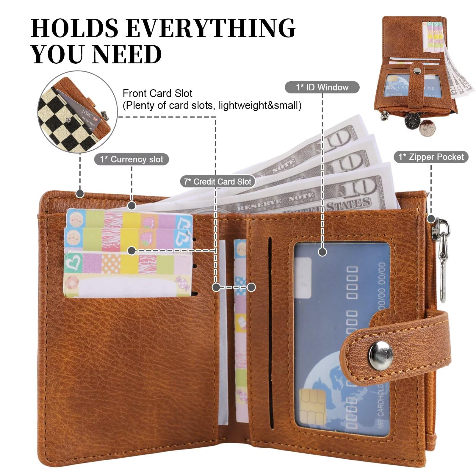 Ounamei RFID Blocking PU Leather Bifold Wallet | Compact Checkered Wallet with 8 Card Slots, ID Window & Coin Pocket