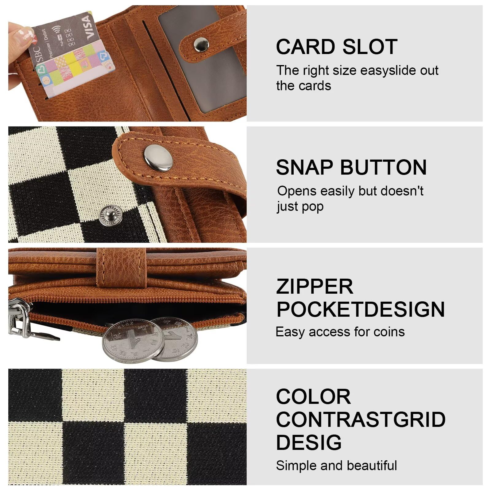 Ounamei RFID Blocking PU Leather Bifold Wallet | Compact Checkered Wallet with 8 Card Slots, ID Window & Coin Pocket