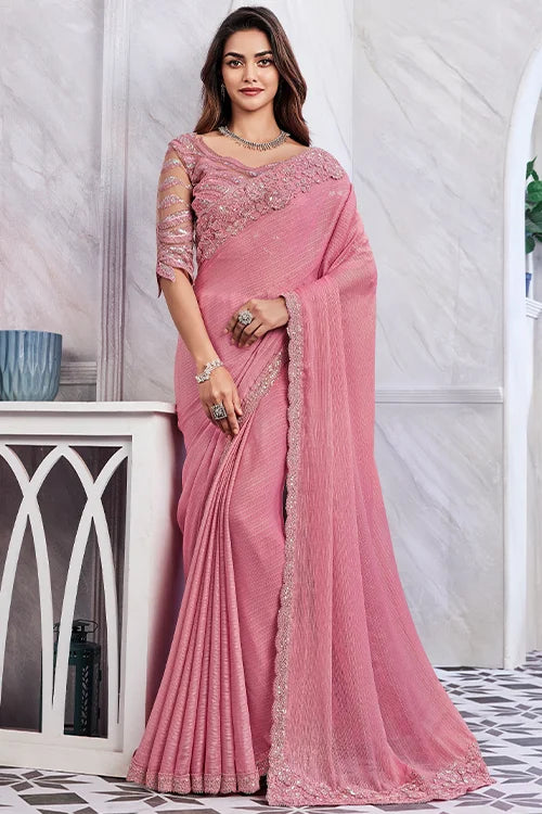 Pastel Pink Shimmer Silk Heavy Embroidered Work Saree With Blouse