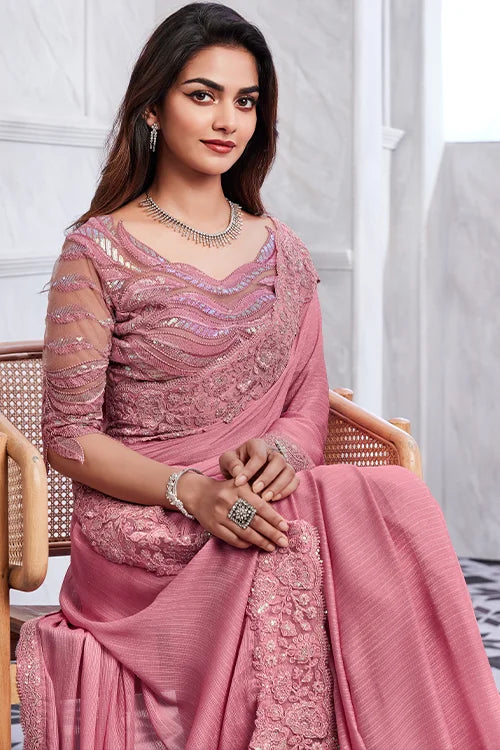 Pastel Pink Shimmer Silk Heavy Embroidered Work Saree With Blouse