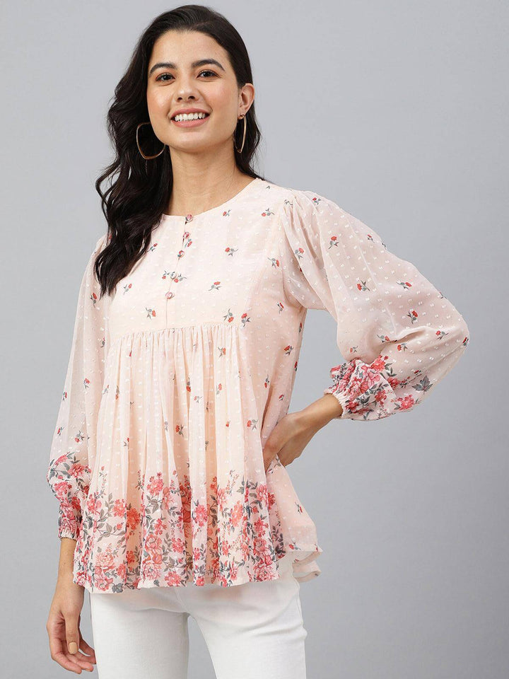 Peach Georgette Floral Print Flared Top  - By Janasya