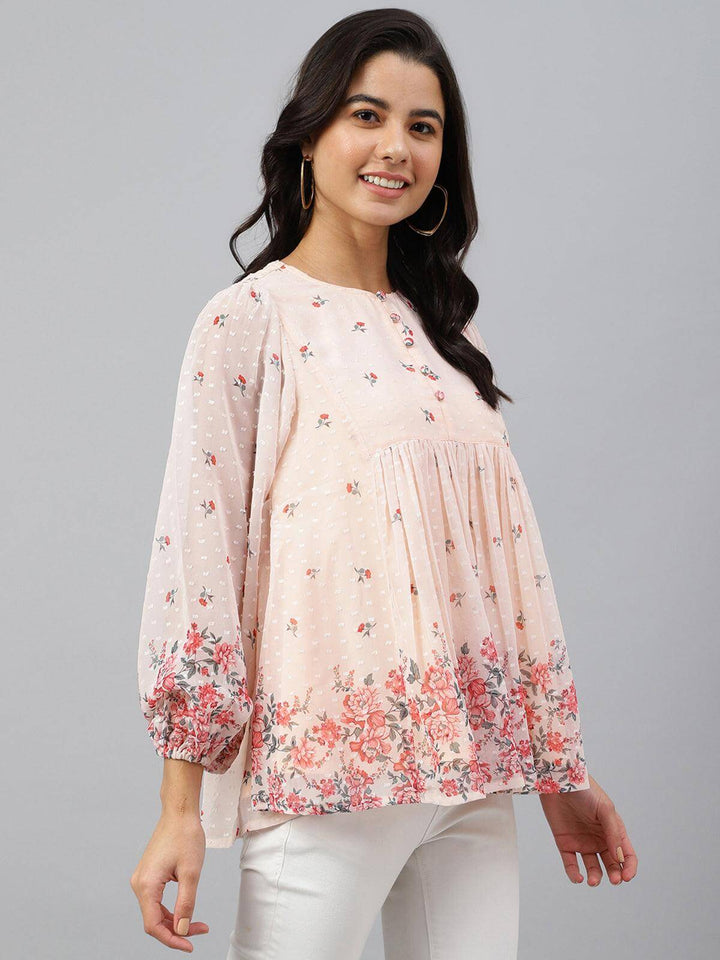 Peach Georgette Floral Print Flared Top  - By Janasya