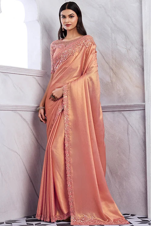 Peach Designer Golden Shimmer Silk Saree With Blouse Piece At Shubhkala